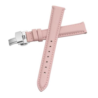 HMFang Watch Band Women's Genuine Leather Butterfly Clasp Simple No Grain Watch Bracelet White 12 13 14 15 16 17mm(Pink-Silver-B1,12mm)