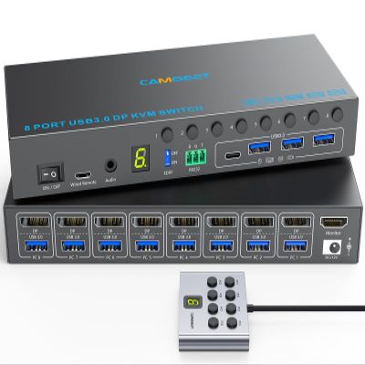 8 Port Displayport KVM Switch 4K@60Hz EDID Simulation, USB3.0 KVM Switch Displayport for 8 Computers Share 1 Monitor and 4 USB Devices,KVM Switches with Audio RS232 Wied Remote 12V Power and USB Cable