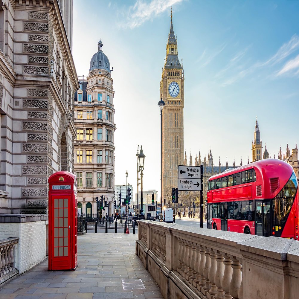 10X8ft London City Backdrop Red Telephone Boxes and Double Decker Buses on Parliament Square and Big Ben Tower Background for Living Room Home Decorations