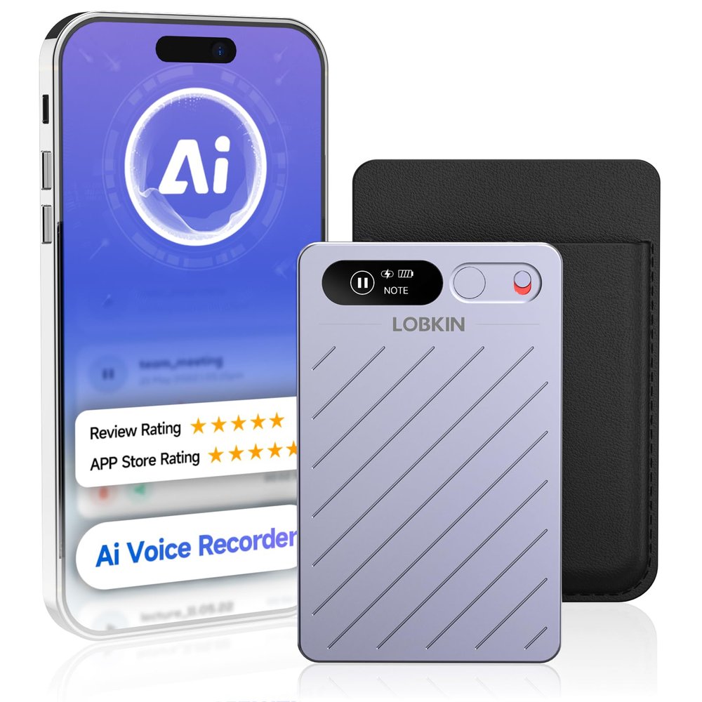 LOBKIN Ai Voice Recorder with Transcribe & Summarize, Note Voice Recorder Support 152 Languages, 64GB, Audio Recorder with App Control, Slim Ai Note Taking Device for Lectures, Meetings, Calls, Grey