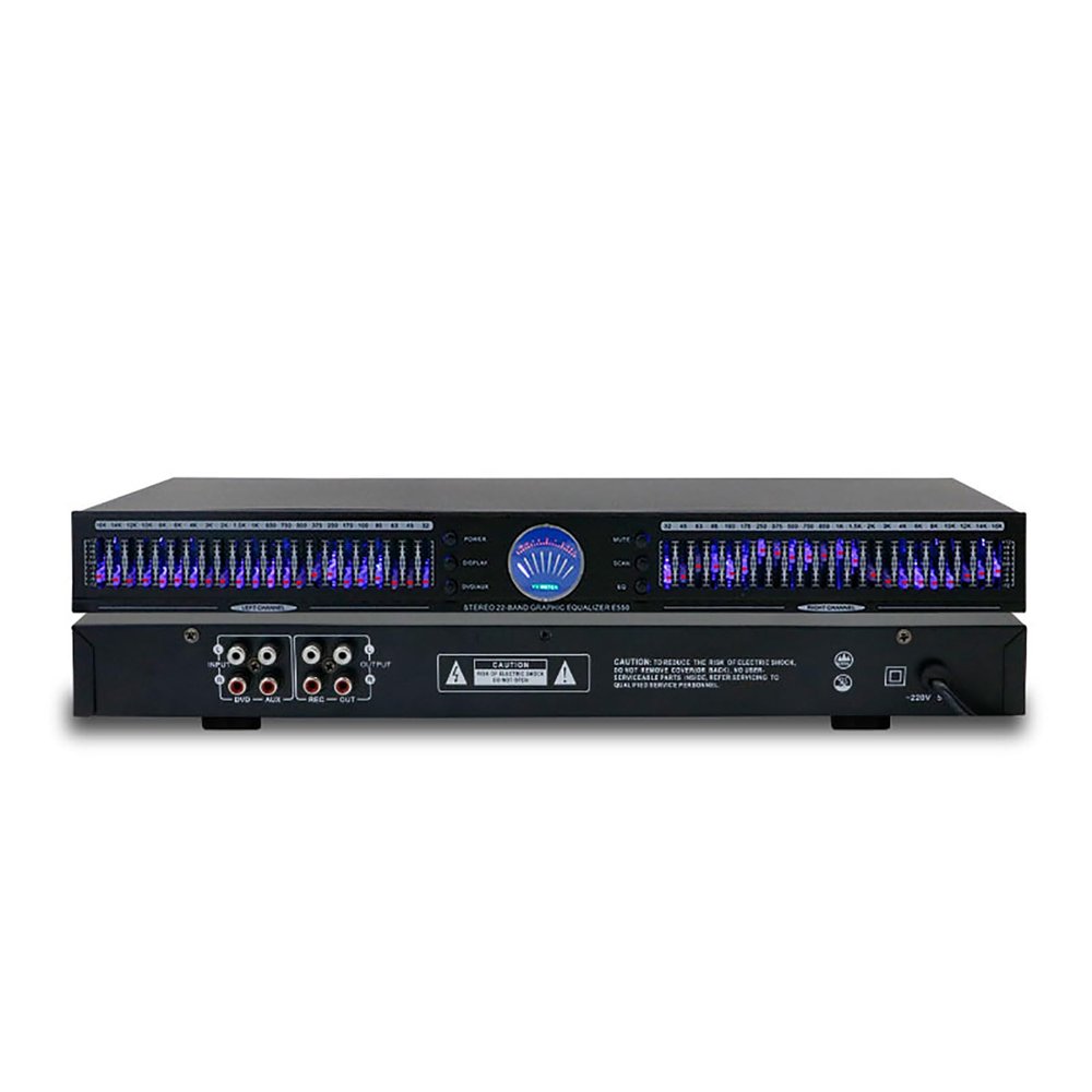 22-band stereo graphic equalizer with 10 preset effects to reduce noise and adjust low/mid/treble for studio, bar, stage