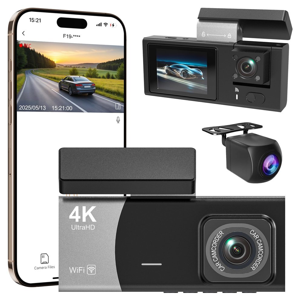 3 Channel 4K WiFi Dash Cam, 4K+1080P+1080P Front Inside and Rear, Triple Dash Camera with 32GB Card, APP Control, G-Sensor, 24 Hours Parking Mode, Loop Recording, Night Vision