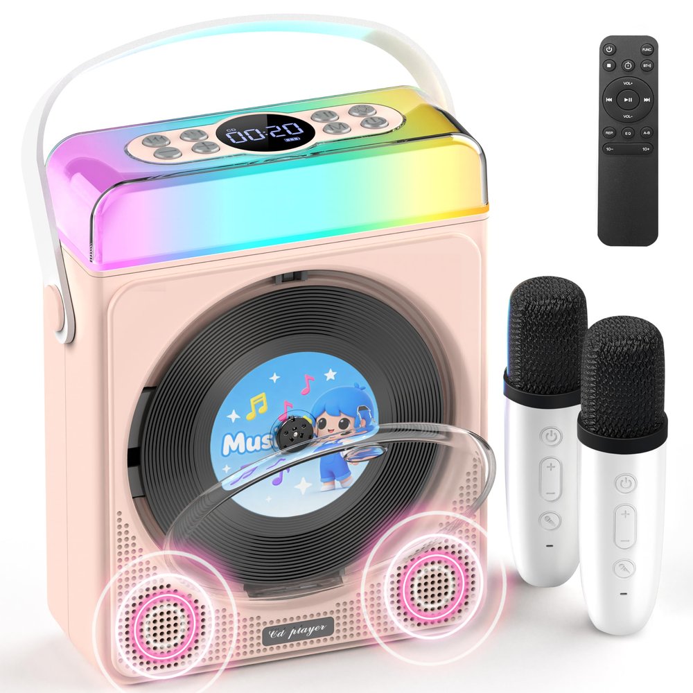 Portable Bluetooth CD Player with Dual Karaoke Microphones & LED Lights, 4000mAh Rechargeable CD Player with Speakers, USB/TF/AUX Music Player, Kids Karaoke Machine for Home, Outdoor, Parties (Pink)