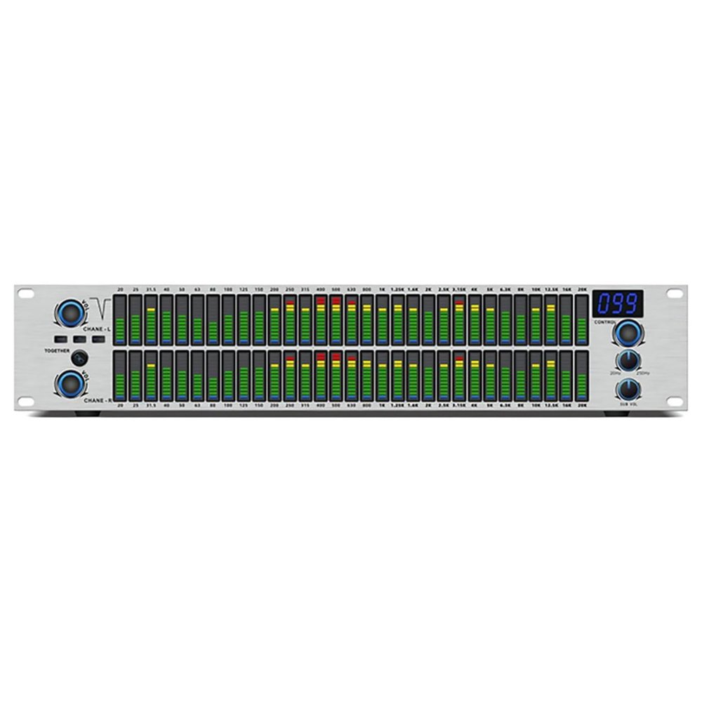 Two-channel stereo audio graphic equalizer with LED spectrum display, 10 preset effects and DSP processing chip for professional recording studios