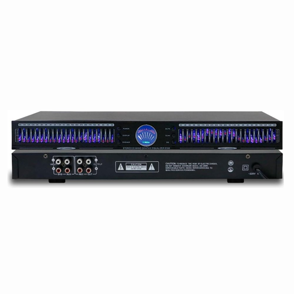 22-band digital audio equalizer, stereo graphic equalizer with 10 preset effects, low/mid/treble adjustment and noise reduction,for studio and home audio adjustment