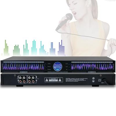 Digital equalizer, 22-band dual-channel graphic equalizer with 10 preset effects, bass/mid/treble adjustment, automatic noise reduction, 1U rack mount for studio use