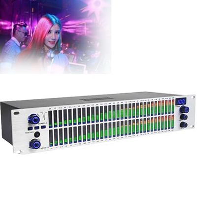 31-band graphic equalizer with digital audio processing, LED spectrum display, 10 preset effects, automatic noise reduction for professional studio use
