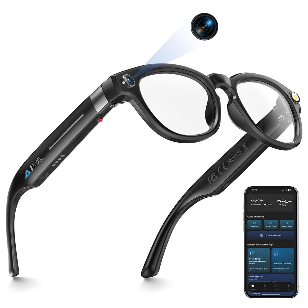 EpochTec 8MP Camera Glasses, AI Smart Glasses with Real-Time Translation & Object Analysis | HD 1200P 4K Video Recording Sunglasses (Color-change Lense)