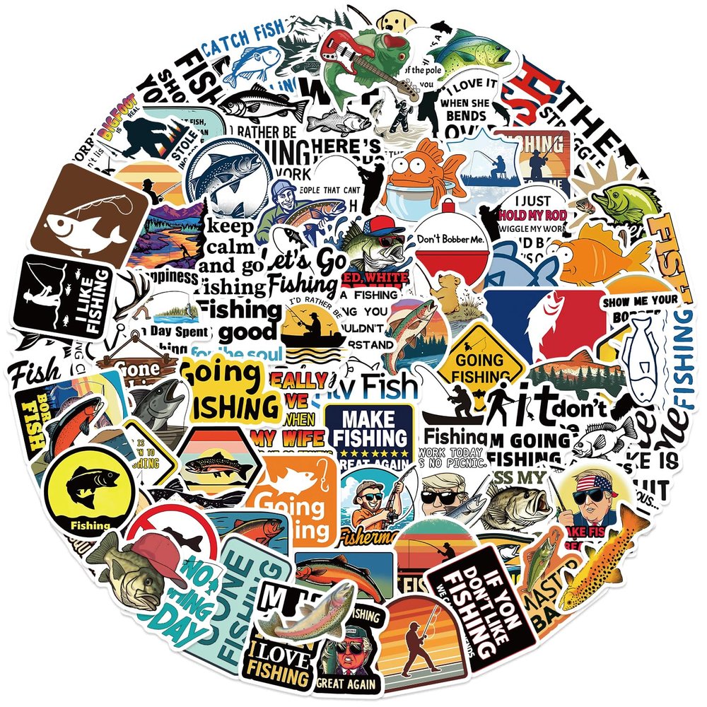 110PCS Funny Puns Fishing Stickers Pack for Tackle Box, Bucket, Cool Waterproof Vinyl Fish Stickers for Laptop Car Water Bottle Hard Hat Cooler Boat Skateboard Scrapbook Luggage Motorbikes