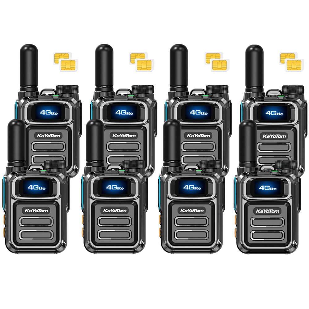 KAYOTOM Global Walkie Talkies Unlimited Range POC 4G Nationwide Long Distance 5000 Miles PTT Push-to-Talk Over Cellular Handheld Long Range Two Way Radio for Team Management (Black, 8-Packs)