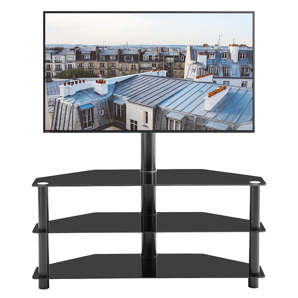 35.4 inch Black Multi-Function TV Stand Height Adjustable Bracket Swivel 3-Tier for 32-65 INCH TVS Height and Angle Adjustable Multi Function Tempered Glass Metal Frame for Multiple Media Devices