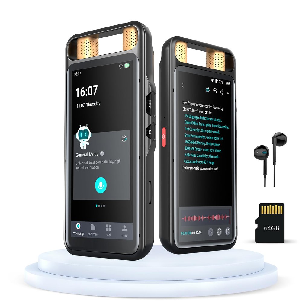 AI Voice Recorder with Playback & Touchscreen  64GB Digital Voice Recorder, Transcribe/Translate/Summarize 134 Languages, Noise Cancellation for Meetings, Lectures, Interviews (Black)