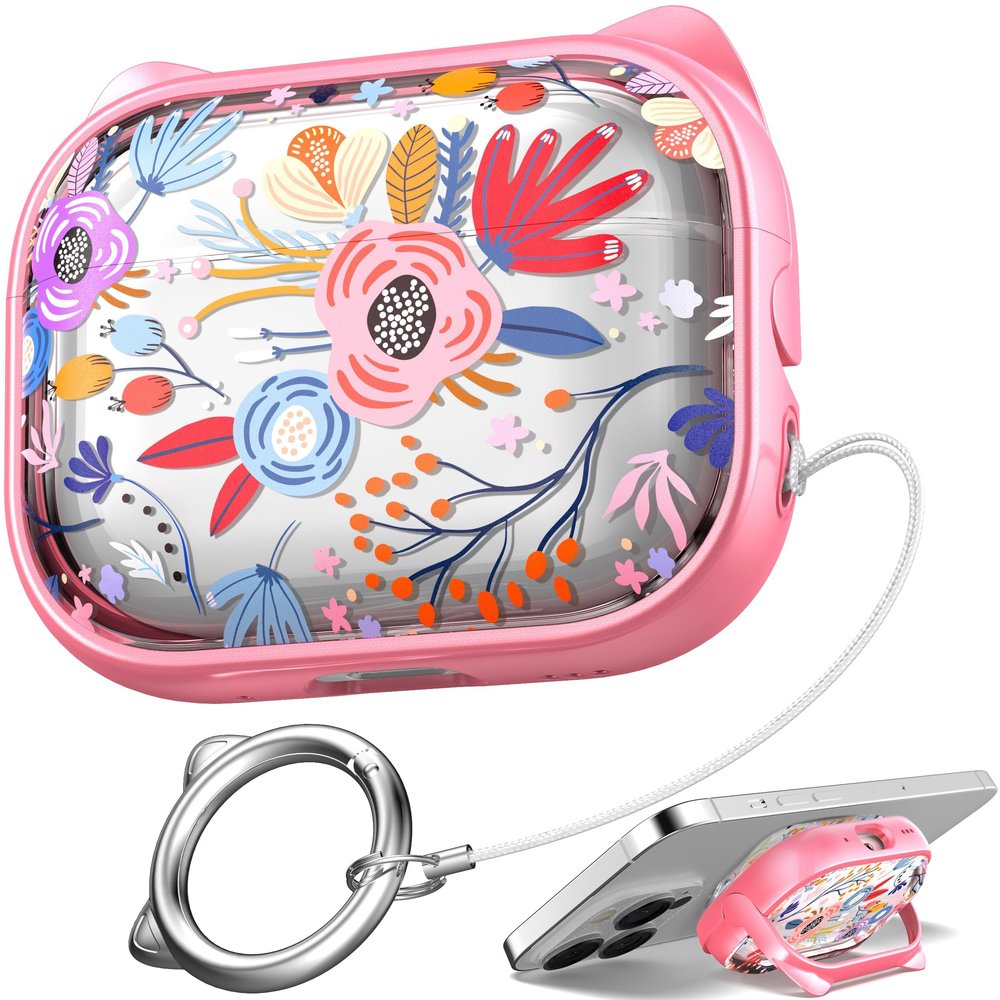 MHYALUDO for AirPods Pro 2 Case with Cleaning Kit, Cute Cat Ear Print Design & Cute Buckle for Girls, Phone Holder & Top Safe Lock Buckle Design for AirPods Pro 2nd/1st Gen case, Clear Flowers