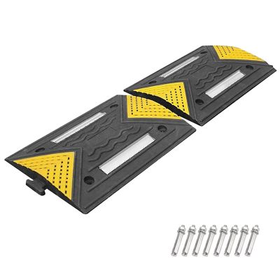 2 Pcs Portable Speed Bump Hump, Rubber-Plastic Garage Humps with Reflective Strips, Curb Ramp High 2 in Splicable, Bearing 110,000 LBS for Road, Driveway