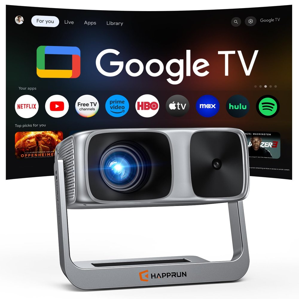 2000 ANSI Official Licensed Google TV Outdoor Projector 4K Decoding, Smart Projector with Wifi and Bluetooth, Auto Focus, Dolby Sound, Built-in Apps, HAPPRUN Indoor Home Theater with 270 Stand
