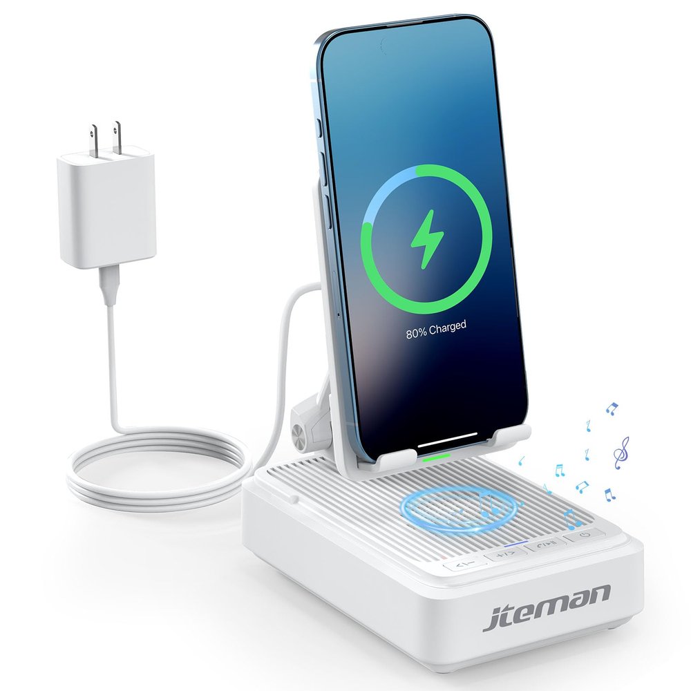 Jteman Cell Phone Stand with Bluetooth Speaker and Wireless Charger,Desktop Charging Station Stand Speaker for iPhone,Christmas Birthday Gift for Men Women (White)