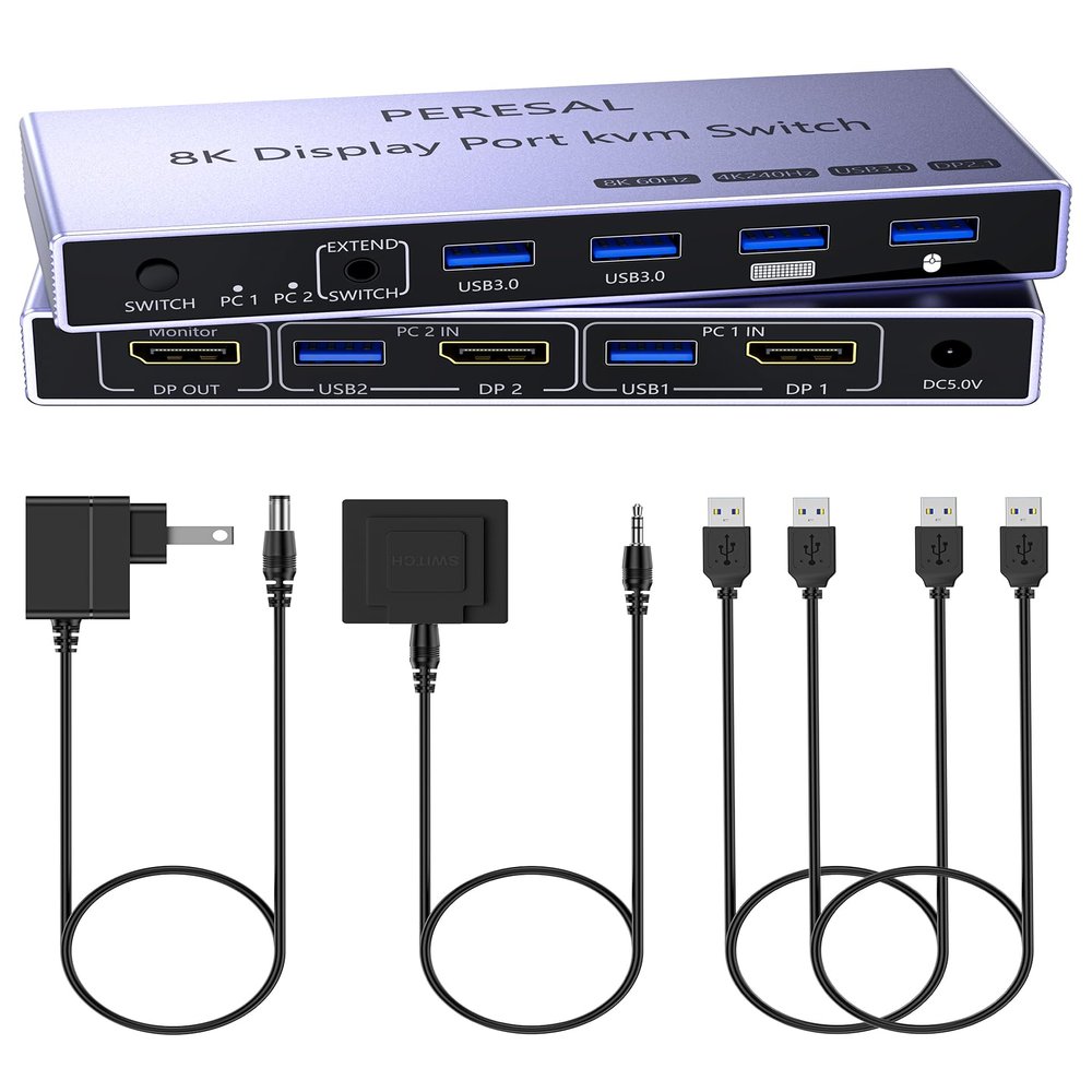8K Displayport 2.1 KVM Switch 2 in 1 Out DP1.4 with 4 USB 3.0 Ports Support 8K@60Hz 4K@240Hz, 2 Computers Share 1 Monitor Keyboard Mouse U-Disk Printer