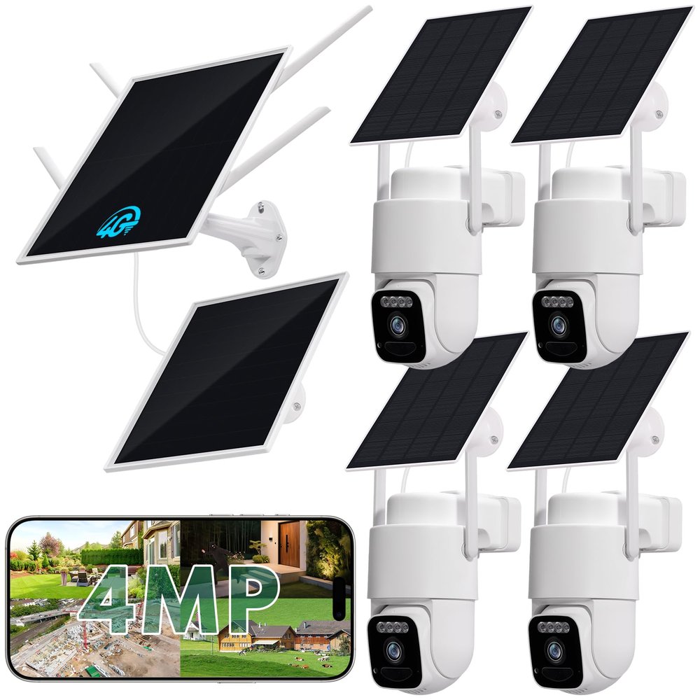 4G LTE Cellular Solar Security Cameras Wireless Outdoor, No WiFi Needed & 25W Solar Panel, 4 Cam Kit, 2K Color Night Vision, Human Tracking, 2-Way Talk, Ideal for Farm, Ranch, Jobsite, Vacation Home