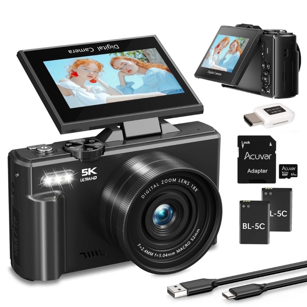 4K/5K Digital Camera  75MP UHD Vlogging Camera for Photography & Video, WiFi, Autofocus, 3" Flip Screen, 18X Zoom  Compact Starter Kit (Black)