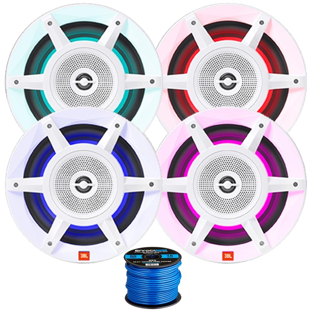 White OEM Replacement JBL 8" 500 Watt RGB LED Coaxial Boat Outdoor Powersports Marine Speakers Bundle - 4 Speakers