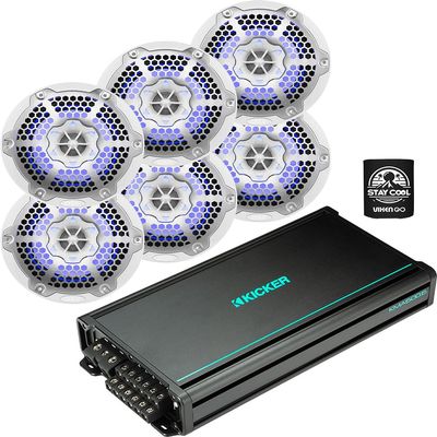 KICKER Speakers and Amp Package of 4 Items: 6-Channel Marine Amplifier with DS18 6-" LED Speakers (3 Pairs)