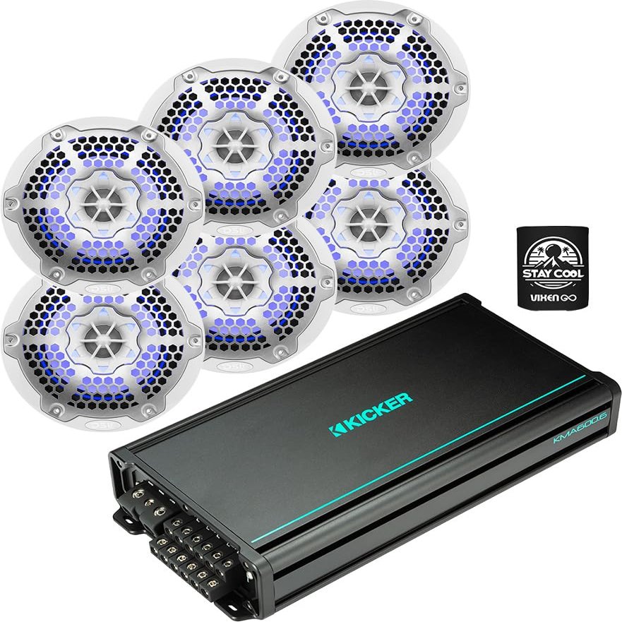 KICKER Speakers and Amp Package of 4 Items: 6-Channel Marine Amplifier with DS18 6-" LED Speakers (3 Pairs)