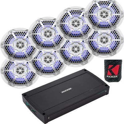 KICKER Speakers and Amp Package of 5 Items: 8-Channel Marine Amplifier with DS18 6-" LED Speakers (4 Pairs)