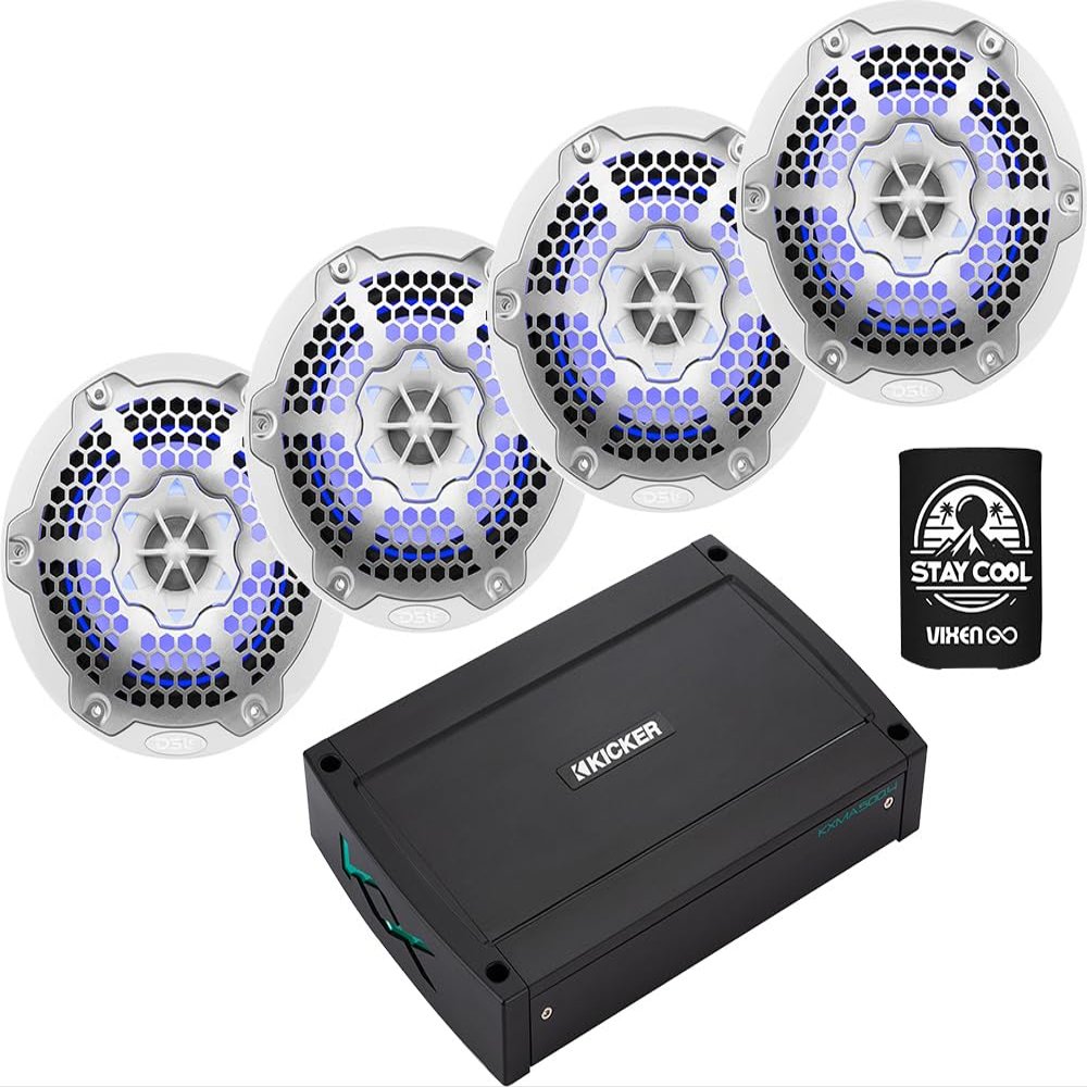 KICKER Speakers and Amp Package of 3 Items: 4-Channel Marine Amplifier with DS18 6-" LED Speakers (2 Pairs) 48KXMA500.4+NXL-6M/WH(2)