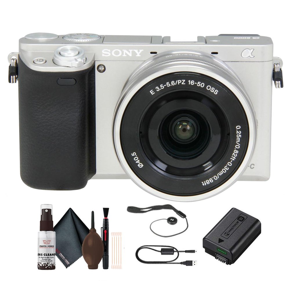 Sony Alpha a6000 Mirrorless Camera with 16-50mm Lens (Silver) + Lens Cap Keeper + Cleaning Kit