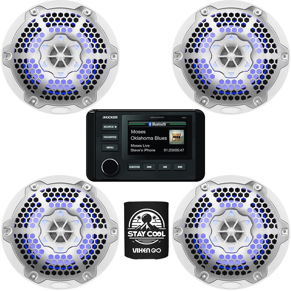 KICKER Receiver and Speakers Package of 3 Items: in-Dash Digital Media Marine Receiver with DS18 6-" LED Speakers (2 Pairs)