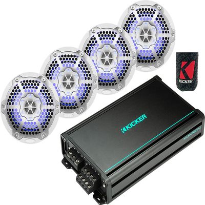 KICKER Speakers and Amp Package of 3 Items: 4-Channel Marine Amplifier with DS18 6-" LED Speakers (2 Pairs)