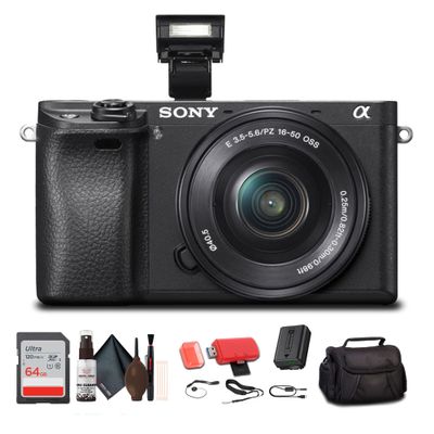 Sony Alpha a6300 Mirrorless Camera with 16-50mm Lens Black (ILCE6300L/B) with Soft Bag, 64GB Memory Card, Card Reader and More