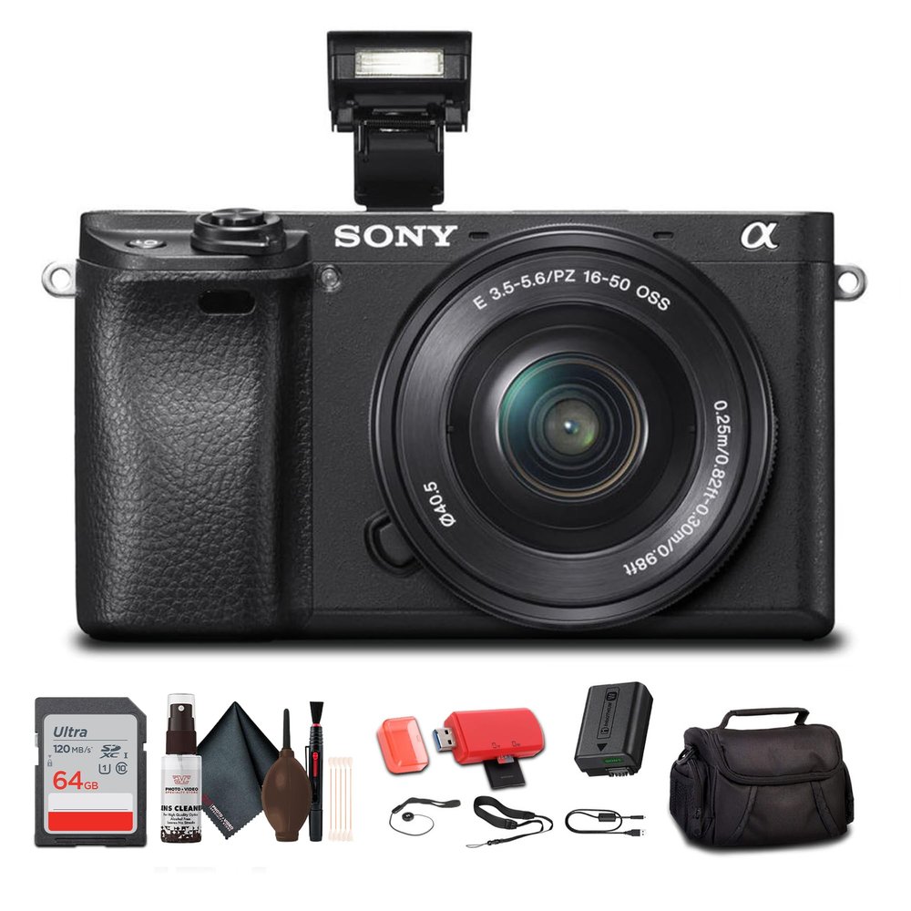 Sony Alpha a6300 Mirrorless Camera with 16-50mm Lens Black (ILCE6300L/B) with Soft Bag, 64GB Memory Card, Card Reader and More