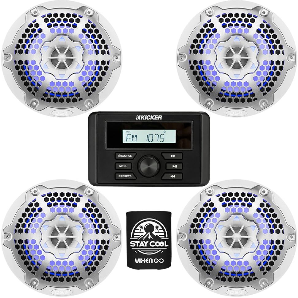 KICKER Receiver and Speakers Package of 3 Items: Gauge-Style Digital Media Marine Receiver with DS18 6-" LED Speakers (2 Pairs) 46KMC3+NXL-6M/WH(2)