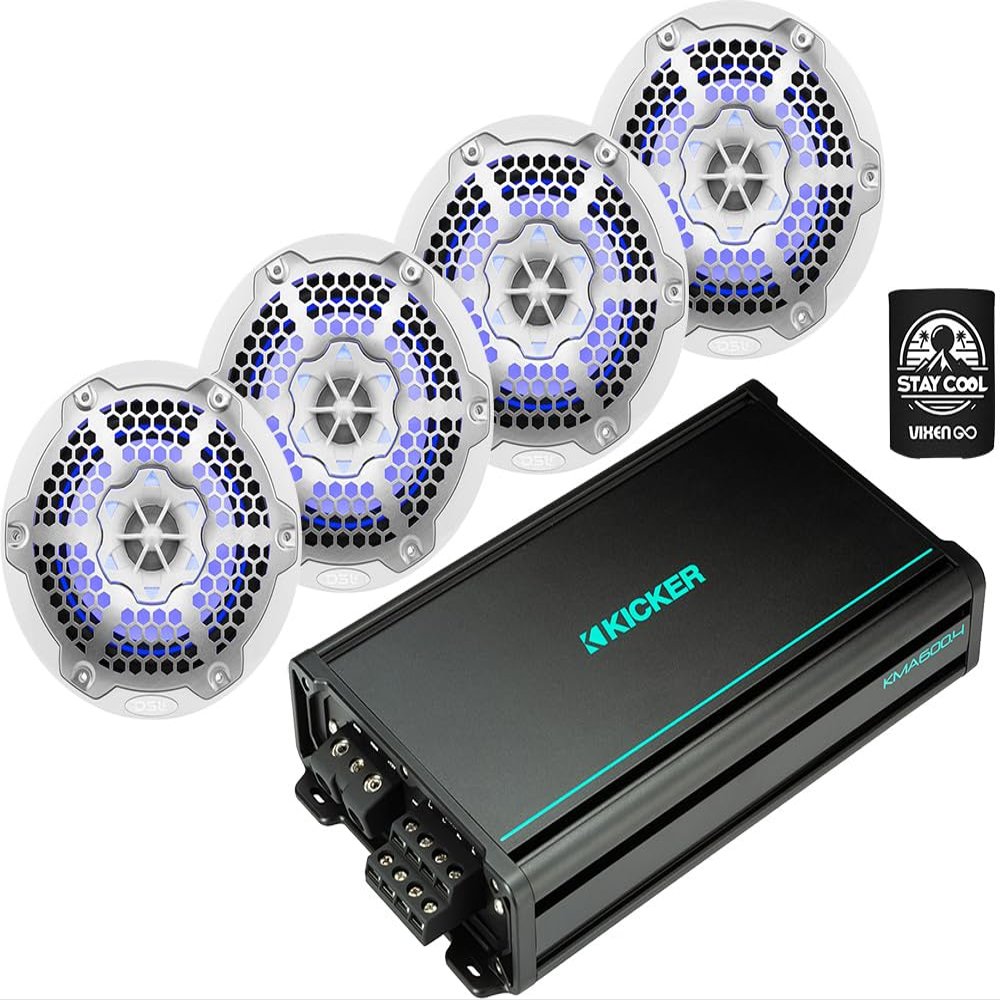 KICKER Speakers and Amp Package of 3 Items: 4-Channel Marine Amplifier with DS18 6-" LED Speakers (2 Pairs) 48KMA600.4+NXL-6M/WH(2)