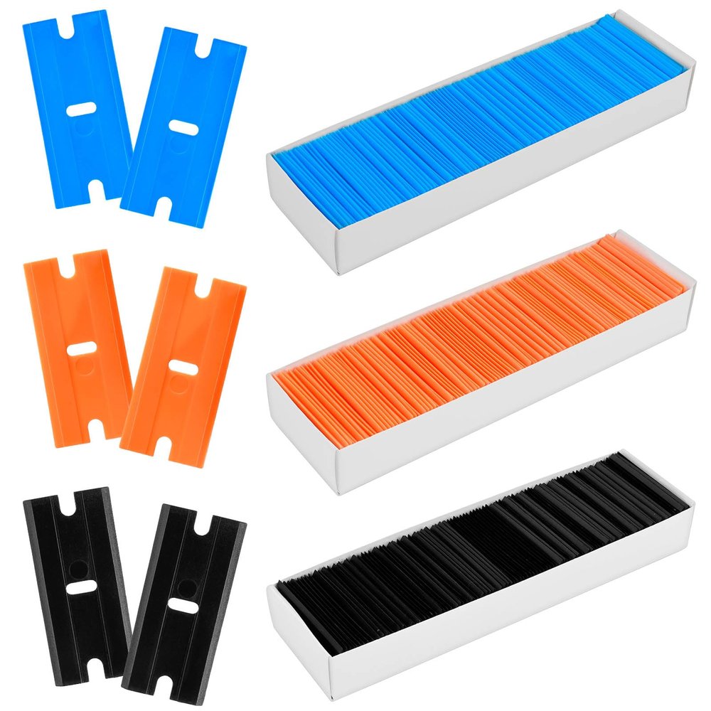 Lainballow 600Pcs Plastic Razors Blades, Double Edged Scraper Blades, Plastic Knife Blades Replacement Suit for Cleaning Glass and Removing Paint, Decals,Stickers,Adhesive Labels(Orange, Black, Blue)
