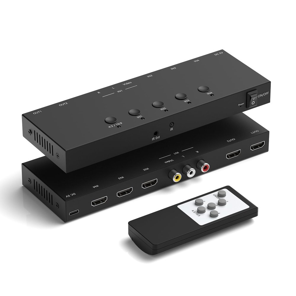 Dingsun 3 Way HDMI 2.0+ RCA to 2 Way HDMI Converter for Fire StickROKU, N64, NGC, Wii, PS2/3/4/5, Xbox Series, Xbox ONE, Switch ect.(4In to 2Out)