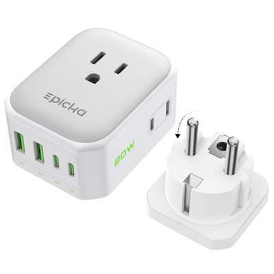 EPICKA Hybrid International Power Adapter for US to German & France, Foldable & Detachable Type EF VisaPlug, 8-in-1 Travel Plug Adapter with 4 USB Ports (2 USB-C PD 20W), Travel Dormestic Essentials