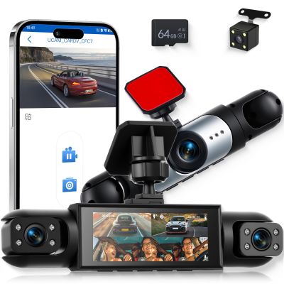 3.16-inch 1080P Dash Cam Front and Rear Inside Left/Right, 4 Channel Dash Camera for Cars, IR Lamp Night Vision Loop Recording Motion Detection Reversing Assistant Exposure Compensation+ 64GB SD Card