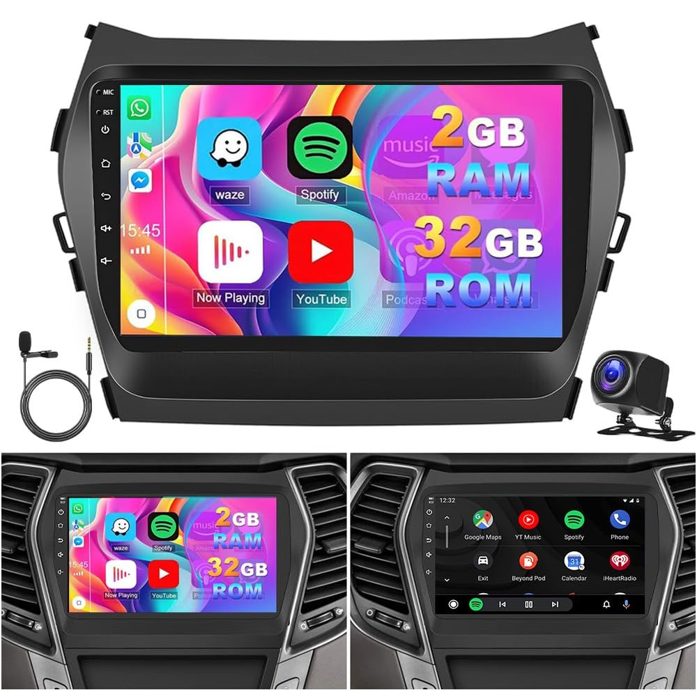 Surakey Car Stereo Radio for Hyundai IX45 Santa Fe 2013 2014 2015 2016 2017 2018 for CarPlay Wireless Android Auto Bluetooth WiFi FM/RDS SWC 9in Android 13 GPS Navigation Head Unit (2+32G)