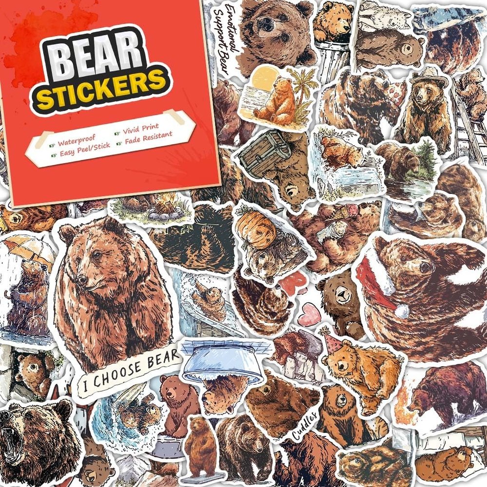 100 PCS Bear Stickers Pack Waterproof Vinyl Decals for Water Bottles, Laptops, Phones, Notebook, Cars Cool Vibrant Graphics for Bear Enthusiast