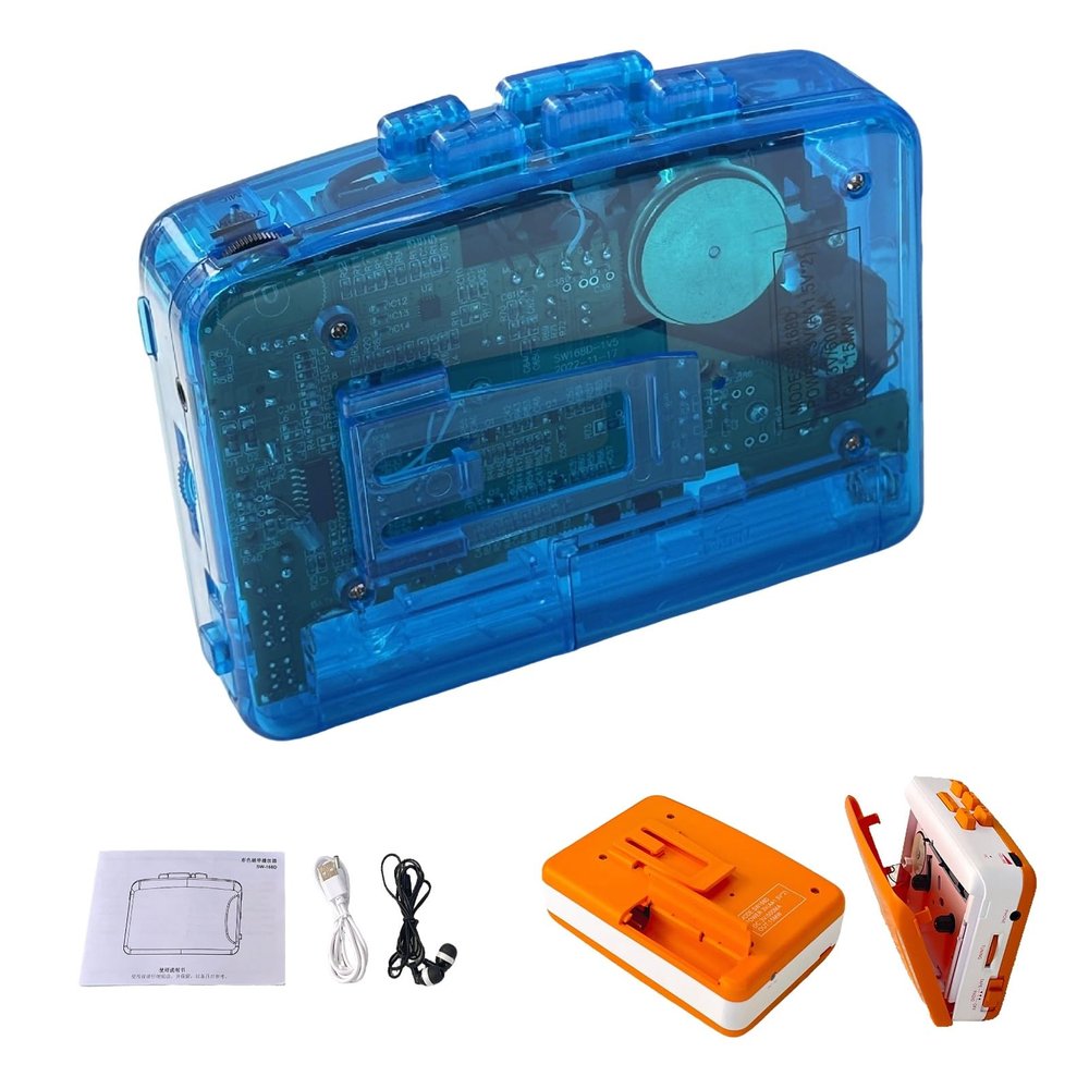 Portable Stereo Cassette Player, Retro Tape Machine, Multi-Function Radio Recorder, Equipped with Headphones(Blue Clear)
