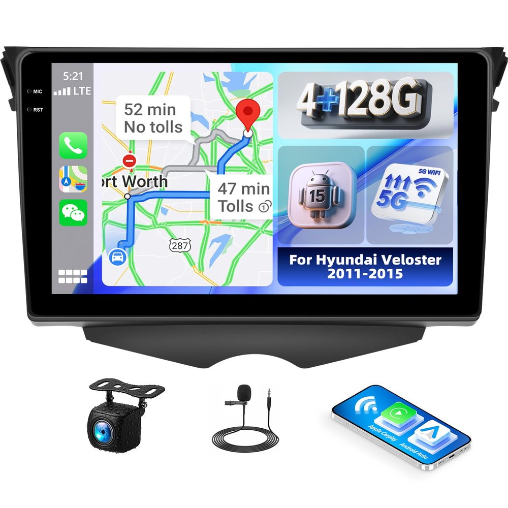 [4G+128G] Car Radio for Hyundai Veloster 2011-2015 with Wireless CarPlay Android Auto,9" Touchscreen Android 15 Car Stereo with Mirror Link WiFi GPS,Bluetooth,FM/RDS SWC EQ+AHD Backup Camera