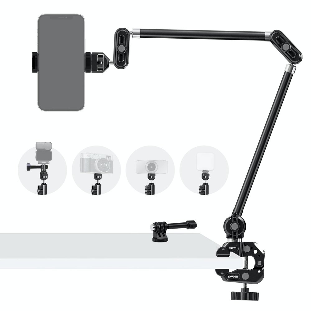 NEEWER 30" Articulating Magic Arm with Super Clamp/Action Cam Mount/Phone Holder, Overhead Camera Desk Mount Mic Boom Stand, Compatible with GoPro iPhone DSLR Webcam Microphone Video Recording, UA056