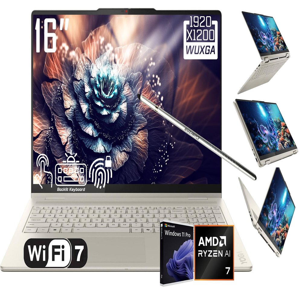 Lenovo Yoga 7 2-in-1 Laptop, 16" 2K LCD Touchscreen, AMD 8-Core Ryzen AI 7 350(>Intel i7-1355U), AI Copilot, 16GB LPDDR5X, 2TB SSD, WiFi 7, Backlit KB, Fingerprint, FHD Webcam, W/Stylus, Win 11 PRO