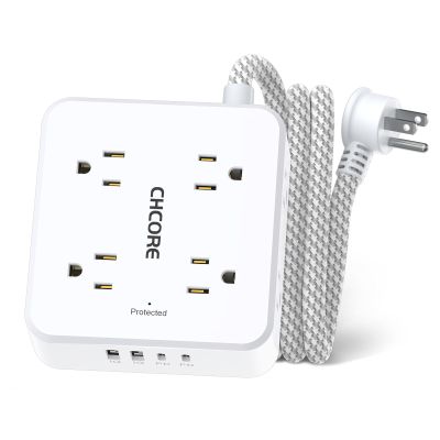 5Ft Flat Plug Braided Extension Cord - CHCORE Surge Protector Power Strip with 8 Outlets and 2 USB-C (PD 30W) Fast Charging Ports and 2 USB-A Ports for Home, Office, Dorm Room Essentials, ETL, White