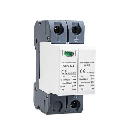 12.5KA T1+T2 50KA Type 1 SPD 2P 1P+NPE Surge Protector 275VAC Din Rail House Surge Lightning Protector(2P 12.5KA 275VAC)