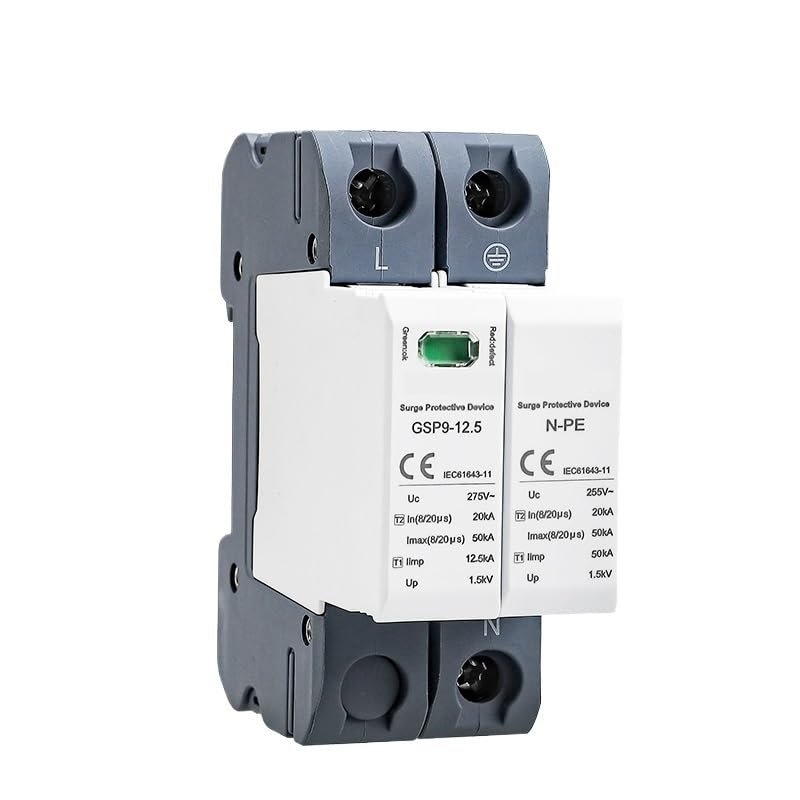 12.5KA T1+T2 50KA Type 1 SPD 2P 1P+NPE Surge Protector 275VAC Din Rail House Surge Lightning Protector(2P 12.5KA 275VAC)