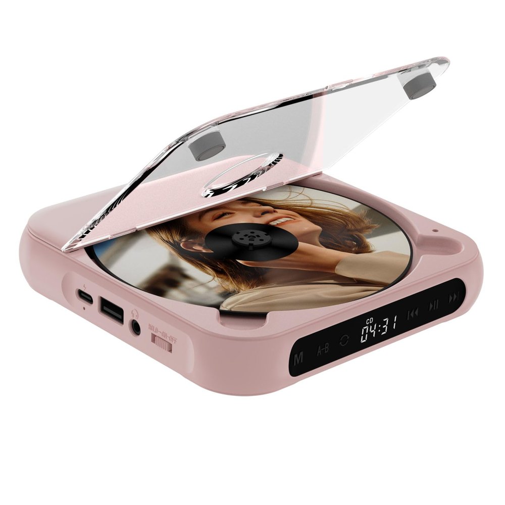 Portable CD Player with Bluetooth 5.3 Transmitter, 2000mAh Rechargeable, Built-in HiFi Dual Speakers, Supports CD/USB/AUX, LCD Display, Headphones Included for Home/Car Pink