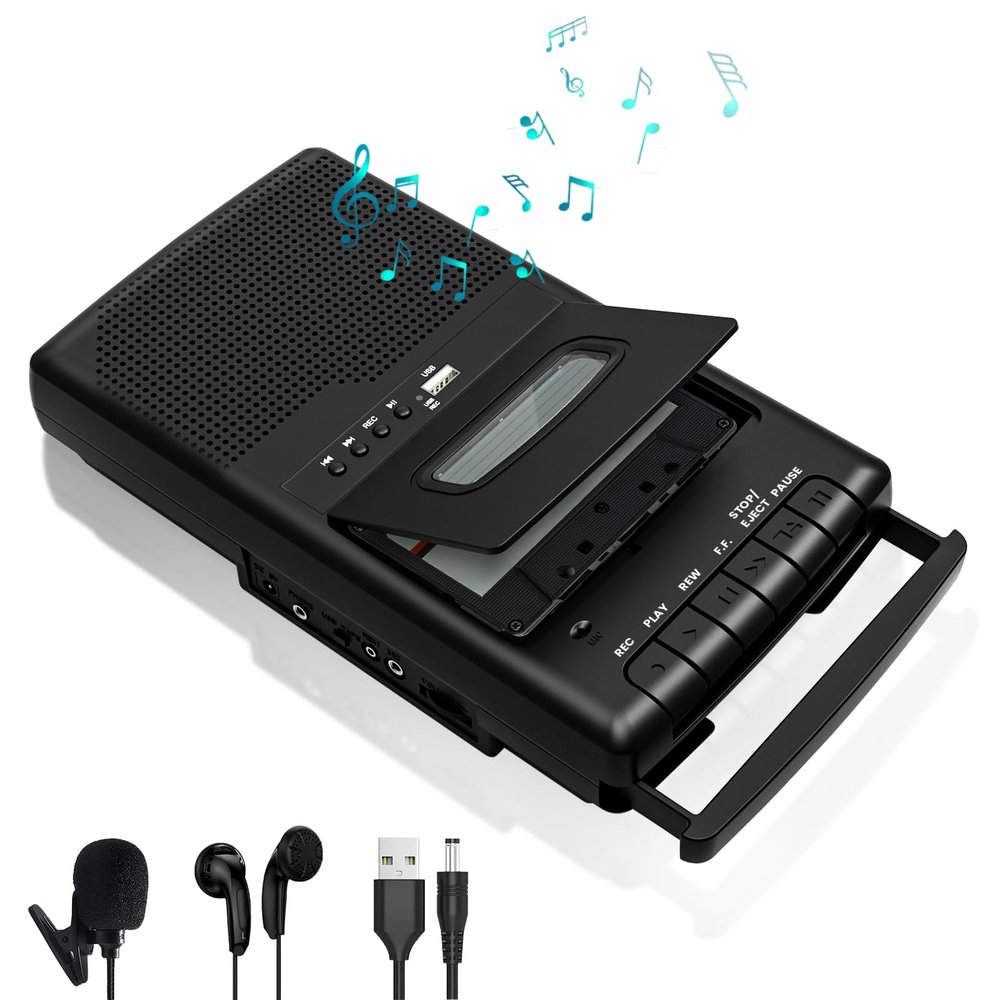 Retro Cassette Player & Tape Recorder with Standalone Mircophone, Portable Tape to USB Digital Converter, Carrying Handle, 3.5MM Headphone Jack, Play & Digitize Old Cassettes